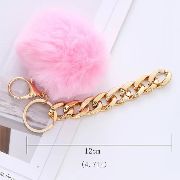 Bag Charm Fuzzy Pom Pom Keychain Purse Chunky Gold Chain Stylish Glam Trendy Fun - Picture 2 of 2